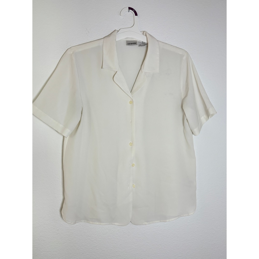 Liz Baker Womens Ivory White Short Sleeve Button Down Blouse Size‎ 8 Notched